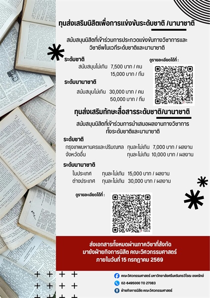 ทุนส่งเสริมนิสิตเพื่อการแข่งขันระดับชาติ/นานาชาติ ประจำปีงบประมาณ 2569 (ประกาศ ณ วันที่ 1 ตุลาคม 2568)