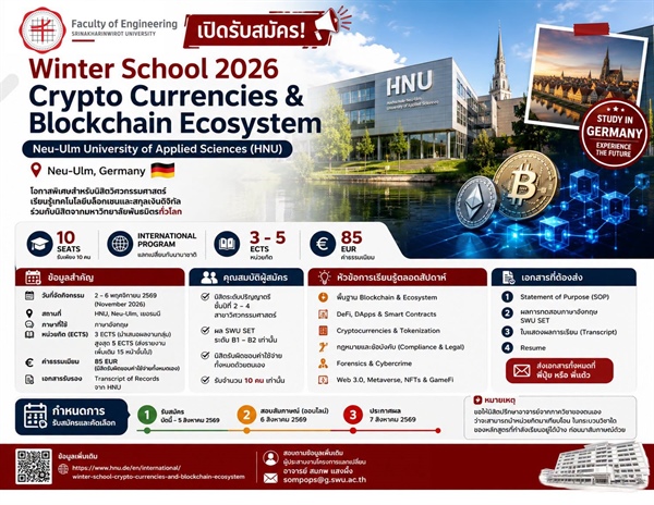 รับสมัครนิสิตคณะวิศวกรรมศาสตร์ เข้าร่วมโครงการต่างประเทศ Winter School: Crypto Currencies & Blockchain Ecosystem