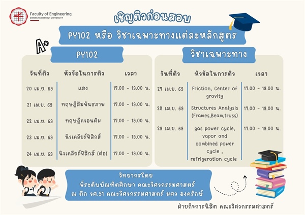 ขอเชิญนิสิตคณะวิศวกรรมศาสตร์ ติวก่อนสอบ วิชา PY102 และวิชาเฉพาะทาง ภาคเรียนที่ 2 ปีการศึกษา 2568 โดย พี่ระดับบัณฑิตศึกษา คณะวิศวกรรมศาสตร์